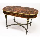 A GOOD FRENCH MARQUETRY AND ORMOLU CENTRE TABLE, with rounded ends, the top inlaid with exotic woods