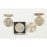 TWO WWII DEFENCE MEDALS, and two five shilling coins (4).