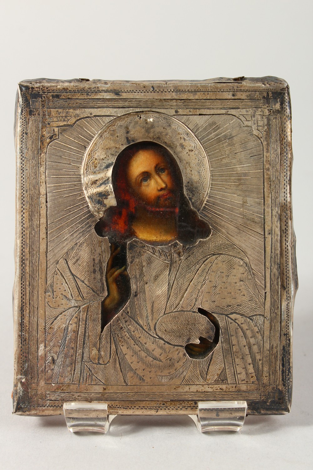 A SMALL 18TH CENTURY RUSSIAN ICON, with silver cover. Maker: B.C. 1875 (AF). 3.5ins x 3ins. - Image 2 of 11