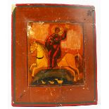 AN 18TH CENTURY ICON, on panel, on horseback. 8.5ins x 7ins.