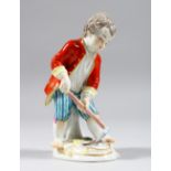 A SMALL MEISSEN FIGURE OF A YOUNG BOY WITH A HOE, crossed swords mark to base. 4.5ins high.
