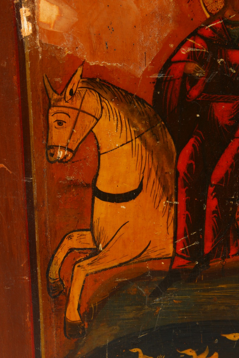 AN 18TH CENTURY ICON, on panel, on horseback. 8.5ins x 7ins. - Image 3 of 8