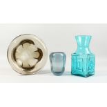 GEOFFREY BAXTER FOR WHITEFRIARS, a moulded turquoise glass vase, and two other items of