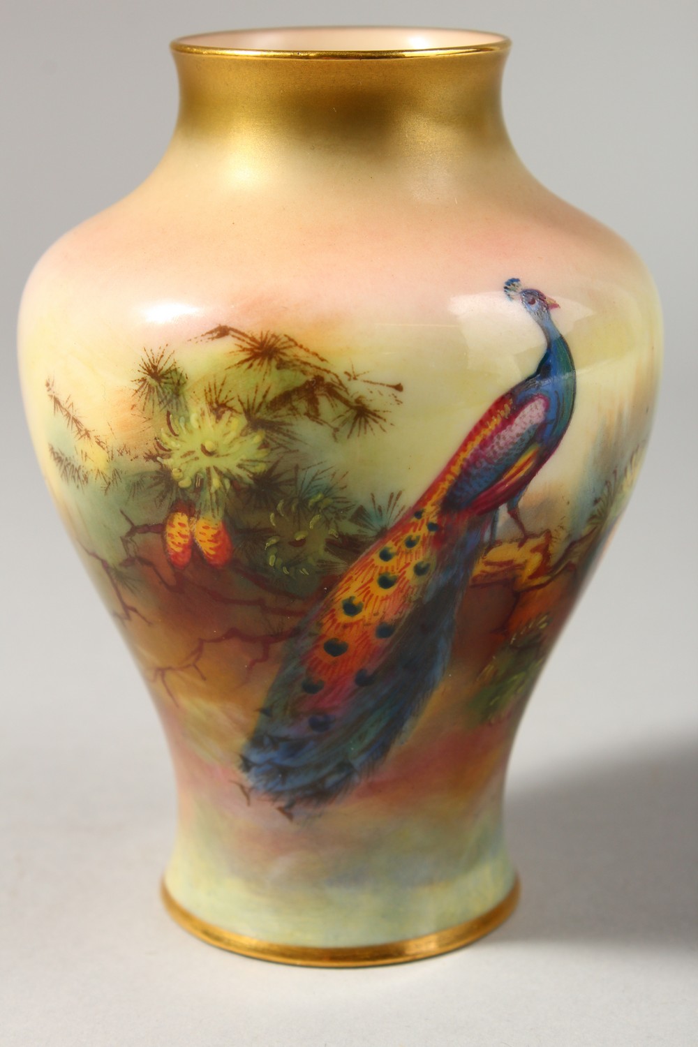 A ROYAL WORCESTER VASE, painted with a peacock, date code for 1916, puce mark. - Image 2 of 7