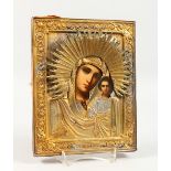 MADONNA AND CHILD, with silver gilt overlay. Maker: J.O. 9ins x 7ins.
