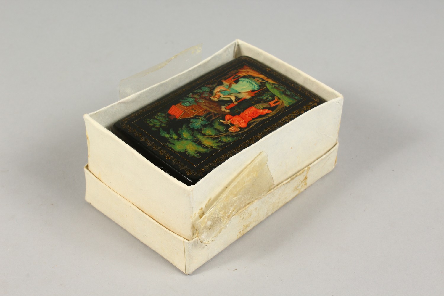 A RUSSIAN BLACK PAPIER MACHE BOX, "Shepherd and Shepherdess", in original cardboard box. 3.5ins x - Image 8 of 8