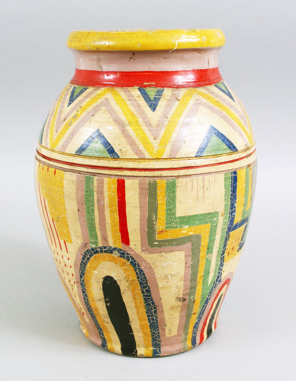 ATTRIBUTED TO THE OMEGA STUDIOS, CIRCA. 1930'S, GEOMETRIC PAINTED MONOCHROME VASE, similar designs