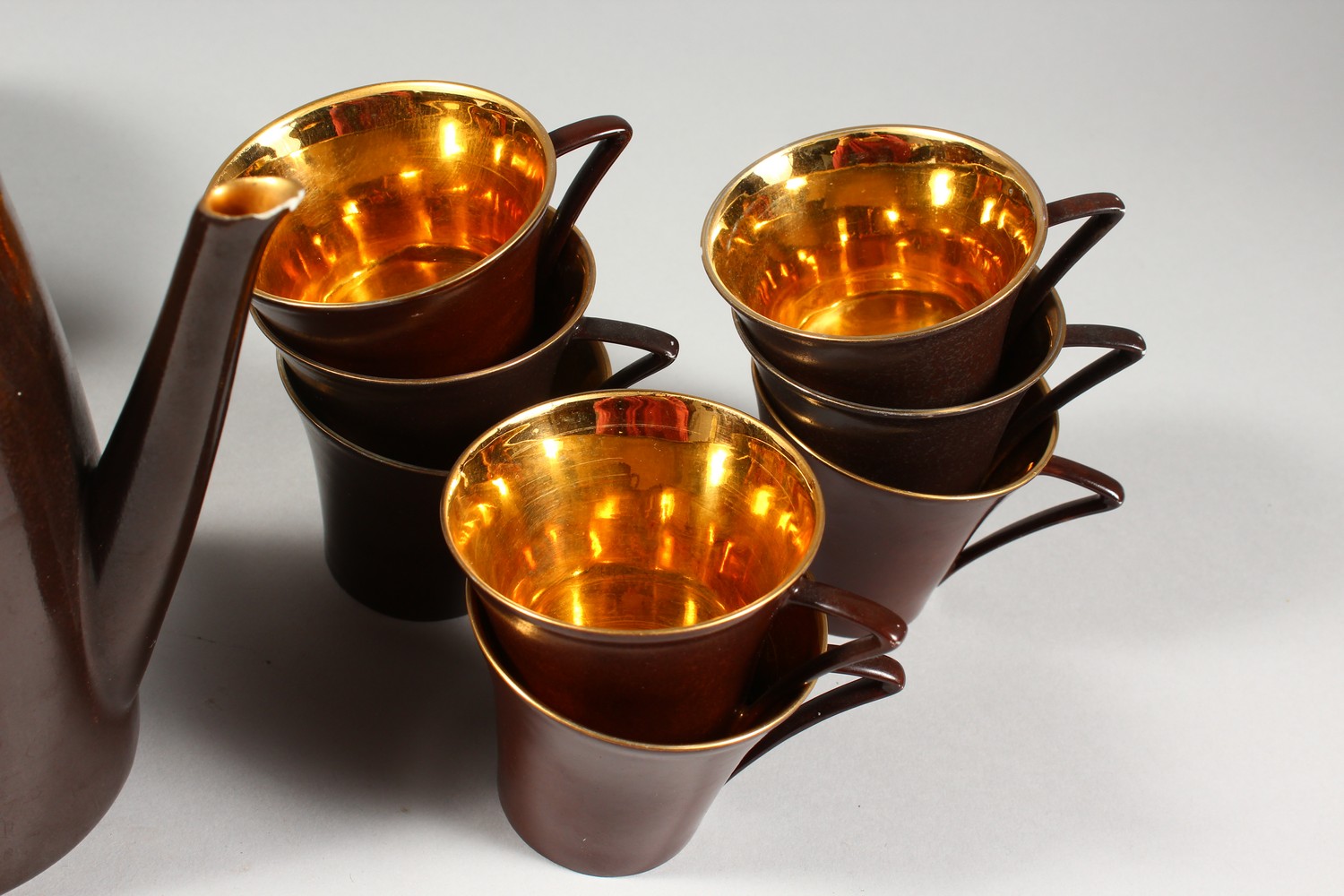 A LIMOGES PORCELAIN PART COFFEE SERVICE, brown glazed, comprising coffee pot, sucrier, eight cups - Image 3 of 15