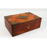 A GOOD VICTORIAN FIGURED WALNUT TRAVELLING WRITING BOX, with brass mounts and velvet interior. 13ins