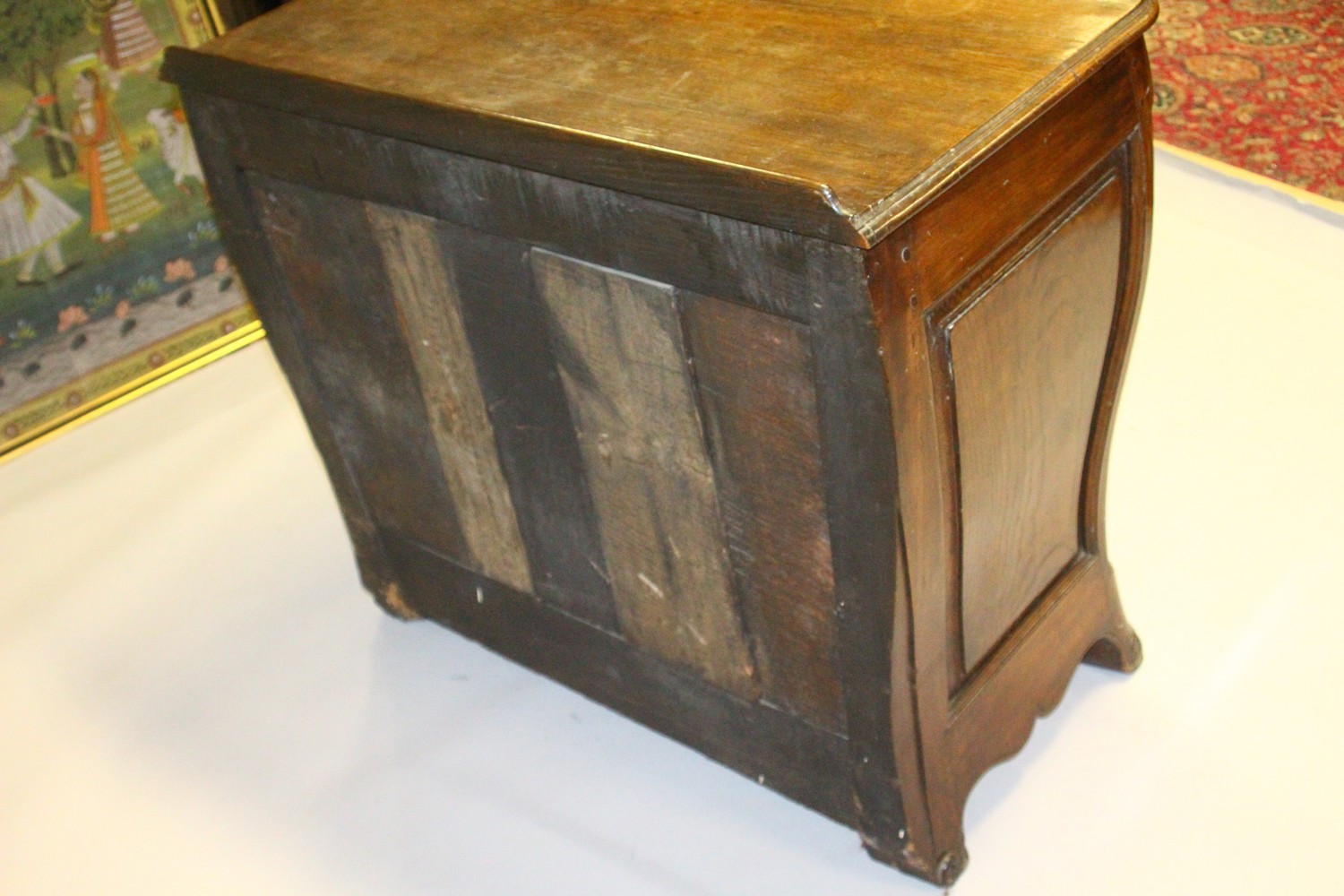 A LOUIS XV STYLE FRENCH OAK SERPENTINE FRONT COMMODE, comprising two short and two long drawers, all - Image 8 of 14