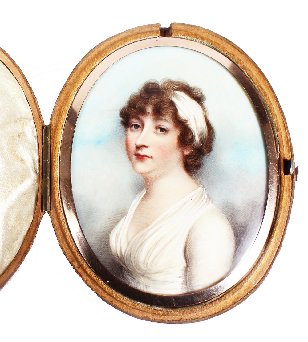 ANDREW PLIMER (1763 - 1837) A FINE OVAL PORTRAIT OF LADY GRAHAM, wearing a white headband and