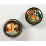 TWO SMALL RUSSIAN CIRCULAR BLACK PAPIER MACHE BOXES AND COVERS. 2.5ins diameter.