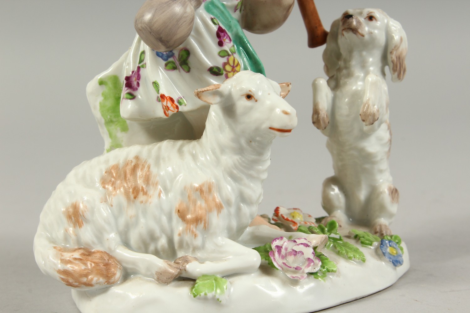 A VIENNA PORCELAIN GROUP OF A YOUNG BOY PLAYING A BAGPIPE, a dog on its hind legs and a sheep by his - Image 4 of 10