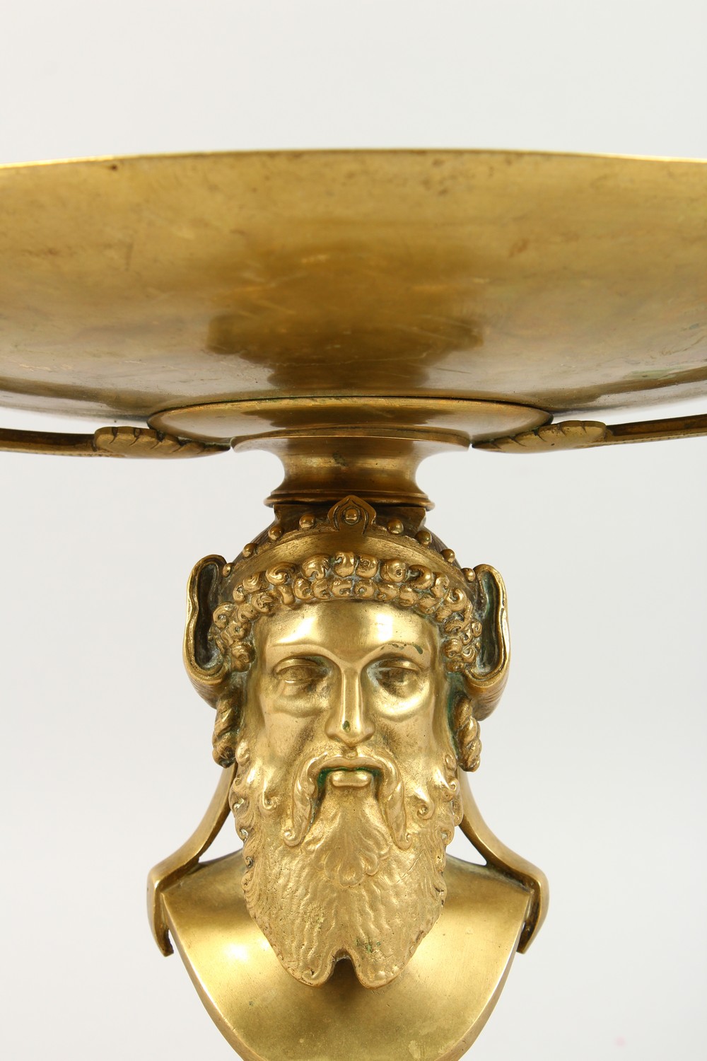 A GREEK STYLE BRASS TAZZA, the engraved circular top with anthemion handles, on a male bust column - Image 2 of 4