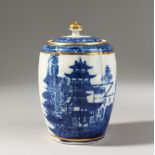 A CAUGHLEY BLUE AND WHITE TEA CANISTER AND COVER, decorated with a complex Oriental landscape, S