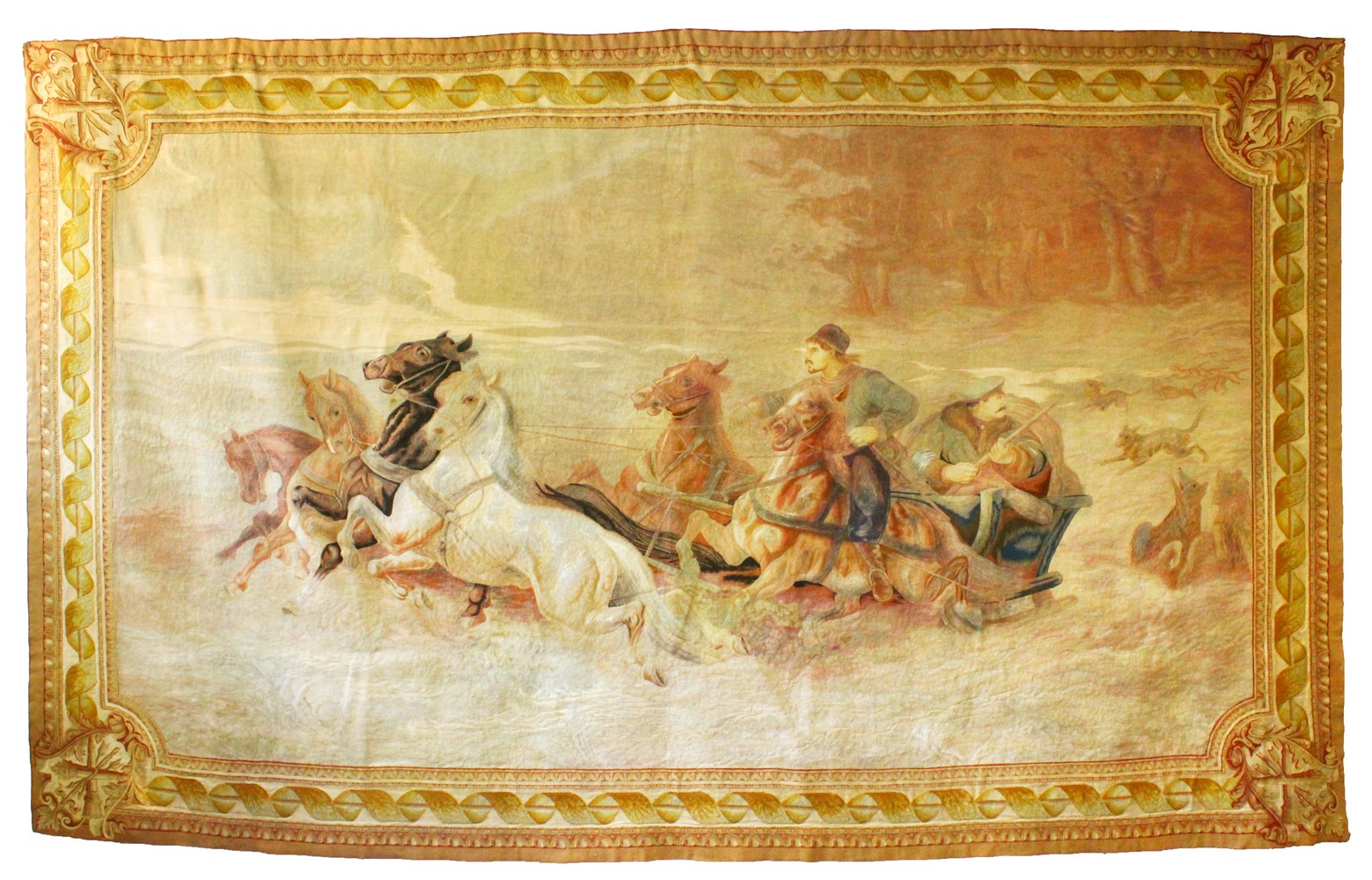 A VERY GOOD, LARGE, AUBUSSON TAPESTRY WALL HANGING, the central panel depicting a Russian scene of a