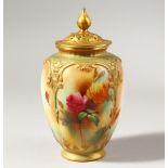 A ROYAL WORCESTER VASE AND COVER, painted with roses in Hadley style, date code for 1903, green mark
