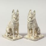 A GOOD PAIR OF HEAVY NOVELTY SILVER PLATE ALSATIAN DOG SALT AND PEPPERS. 2.5ins high.