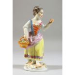 A SMALL MEISSEN FIGURE OF A GIRL, holding a basket of flowers in her right hand, crossed swords mark