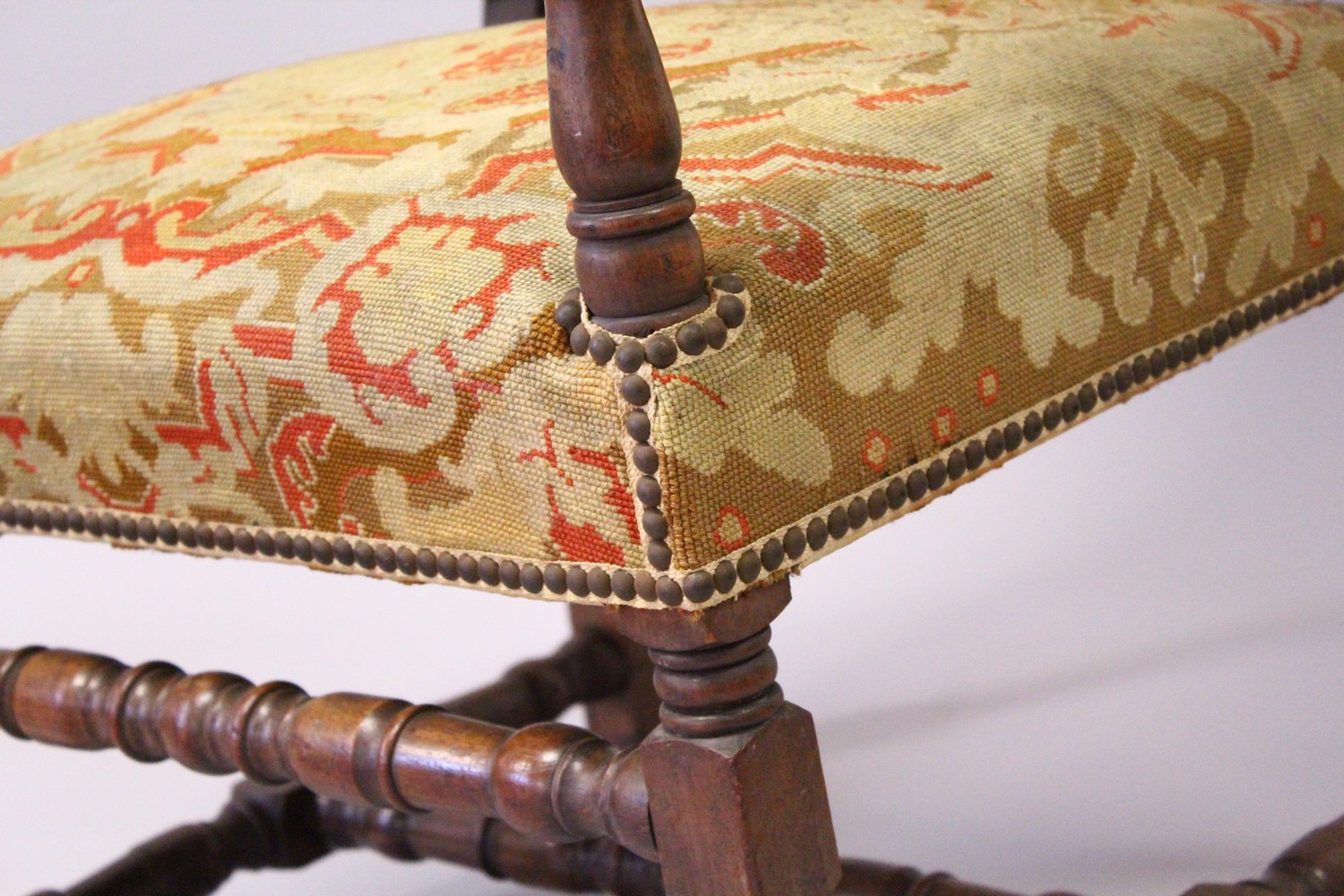 A GOOD PAIR OF 19TH CENTURY WALNUT FRAMED OPEN ARMCHAIRS, with tapestry upholstered backs, arms - Image 4 of 8