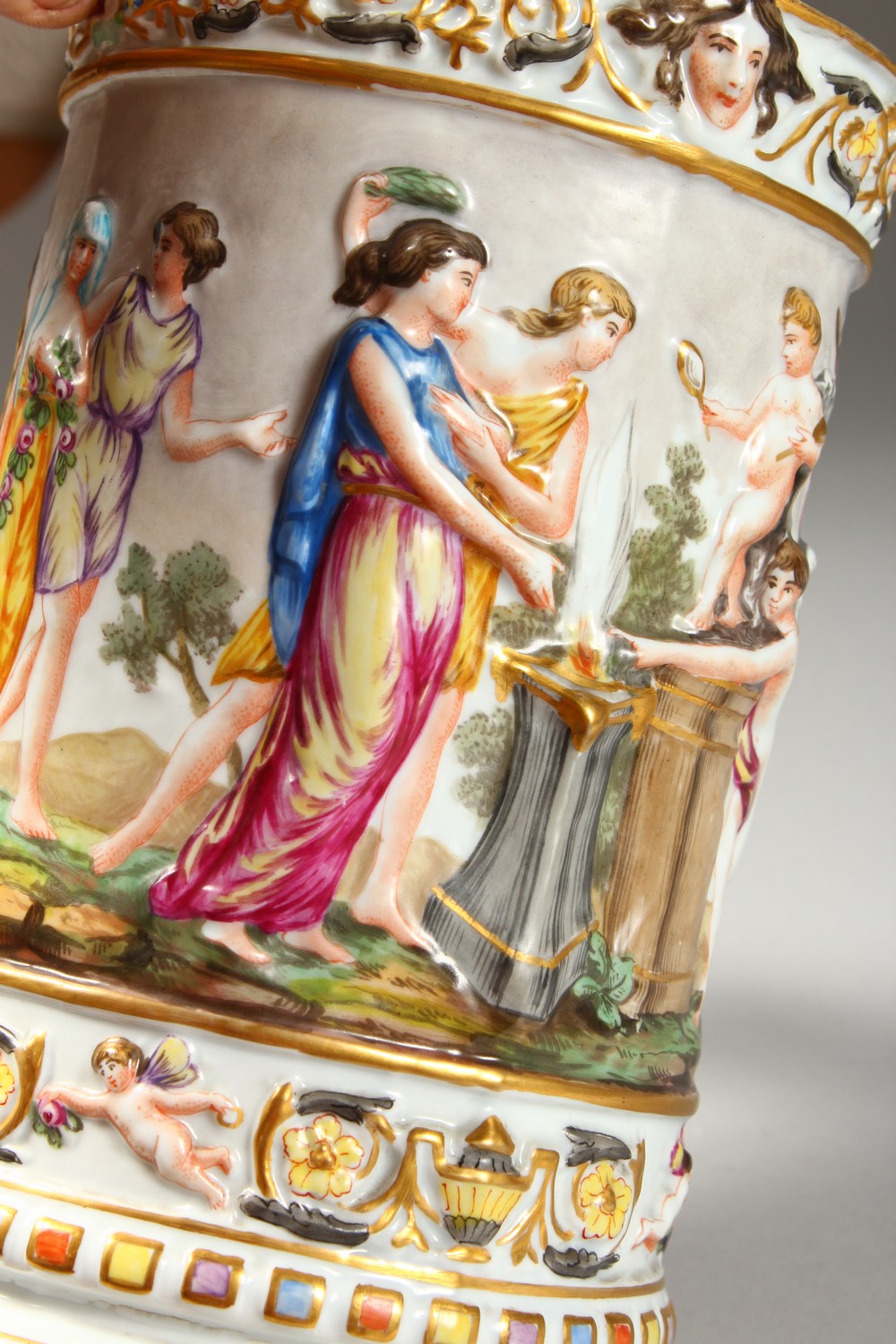 A LARGE CAPODIMONTE TANKARD AND COVER, with classical figures in relief. Mark in blue. 12.5ins - Image 6 of 8