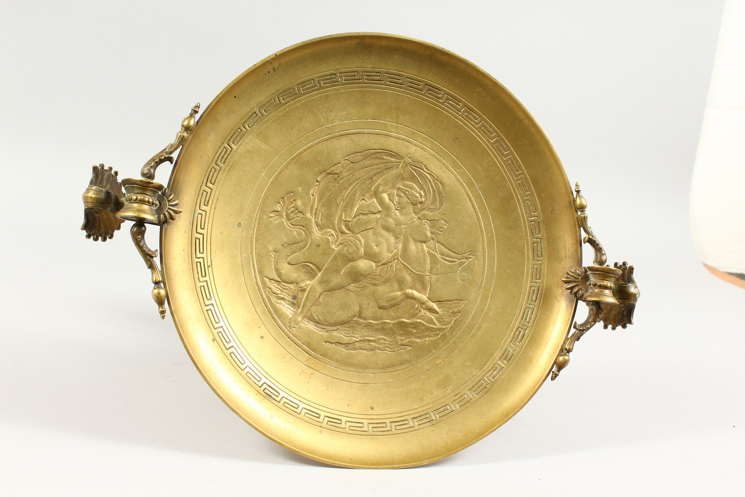 A GREEK STYLE BRASS TAZZA, the engraved circular top with anthemion handles, on a male bust column - Image 3 of 4