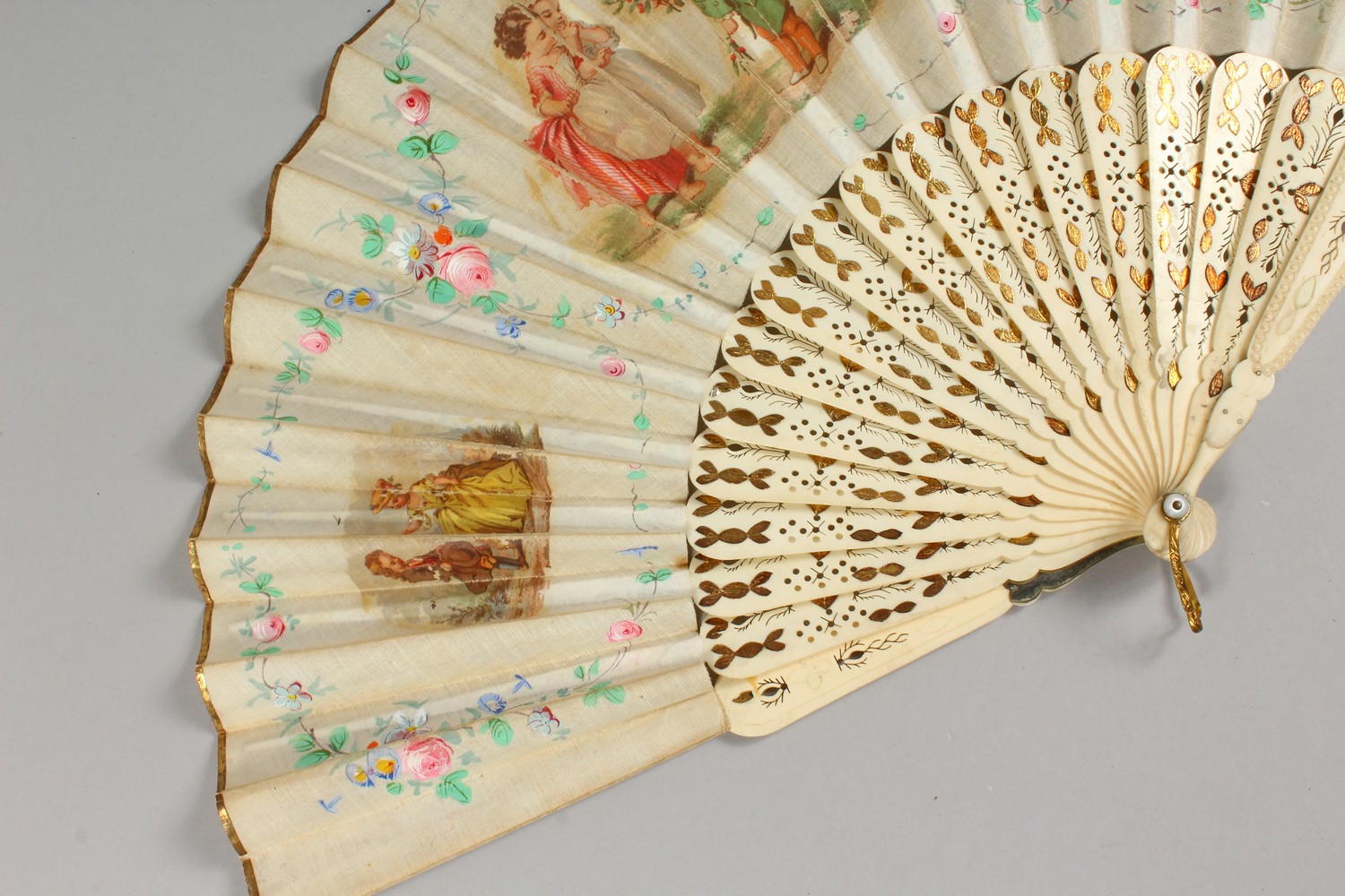 A VICTORIAN BONE FAN, painted with children. 10.5ins long. - Image 2 of 6