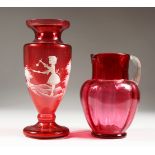 A MARY GREGORY CRANBERRY GLASS VASE, painted with a young girl in a landscape; together with a
