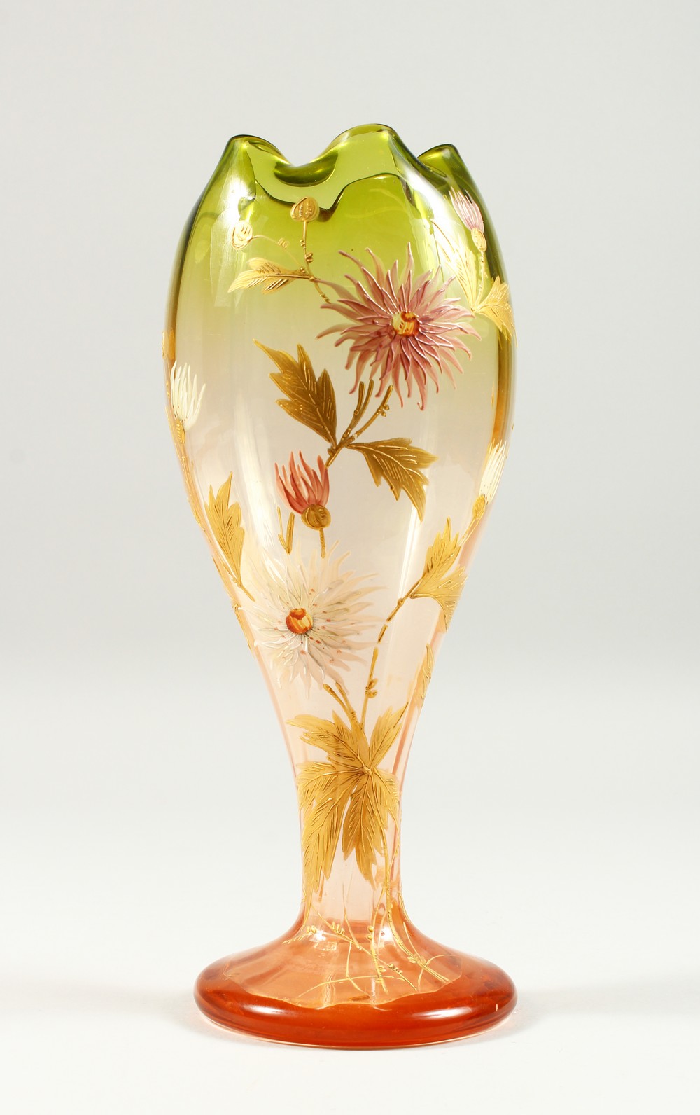 A WEBB'S TYPE BUD SHAPED PEDESTAL VASE, enamel and gilt decorated with flowers. 11.75ins high.