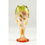 A WEBB'S TYPE BUD SHAPED PEDESTAL VASE, enamel and gilt decorated with flowers. 11.75ins high.