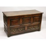 AN 18TH CENTURY OAK COFFER BACH, with rising top, panelled front and two drawers, on stile feet. 4ft