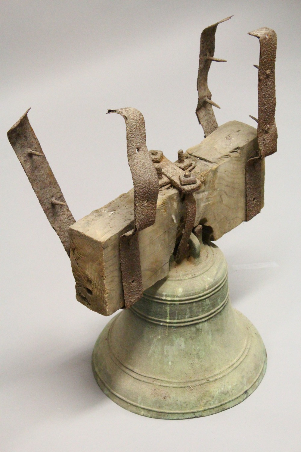 A SIMILAR, SMALLER BELL, hung from a section of oak beam, with wrought iron mounts, bell lacking - Image 4 of 8