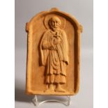 A SMALL MOULDED TERRACOTTA PLAQUE, depicting a male religious figure. 9ins high x 6ins wide.