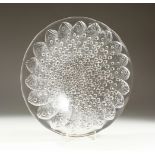 A RENE LALIQUE ROSCOFF CIRCULAR BOWL, moulded with fish within bubbles. 13.75ins (35cms) diameter.