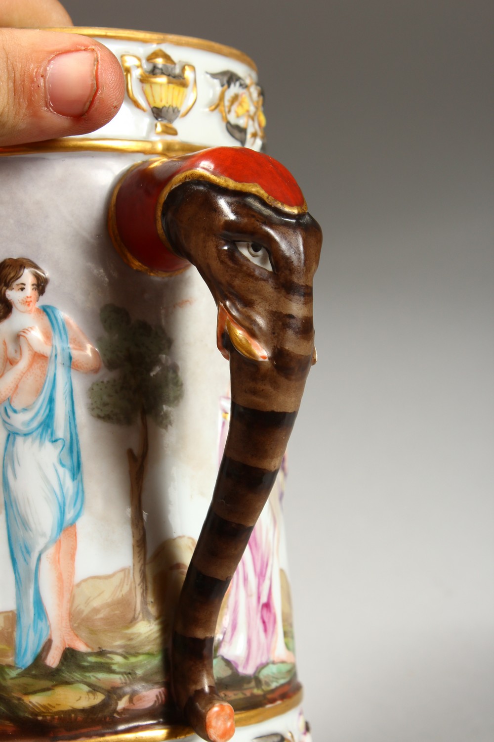 A LARGE CAPODIMONTE TANKARD AND COVER, with classical figures in relief. Mark in blue. 12.5ins - Image 7 of 8