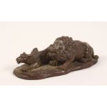 A SMALL JAPANESE BRONZE GROUP, of a lion and lioness. 4ins long.