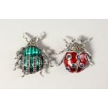 TWO SILVER AND ENAMEL BUG BROOCHES.