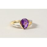 A 9CT GOLD, PEAR SHAPED AMETHYST AND DIAMOND RING.