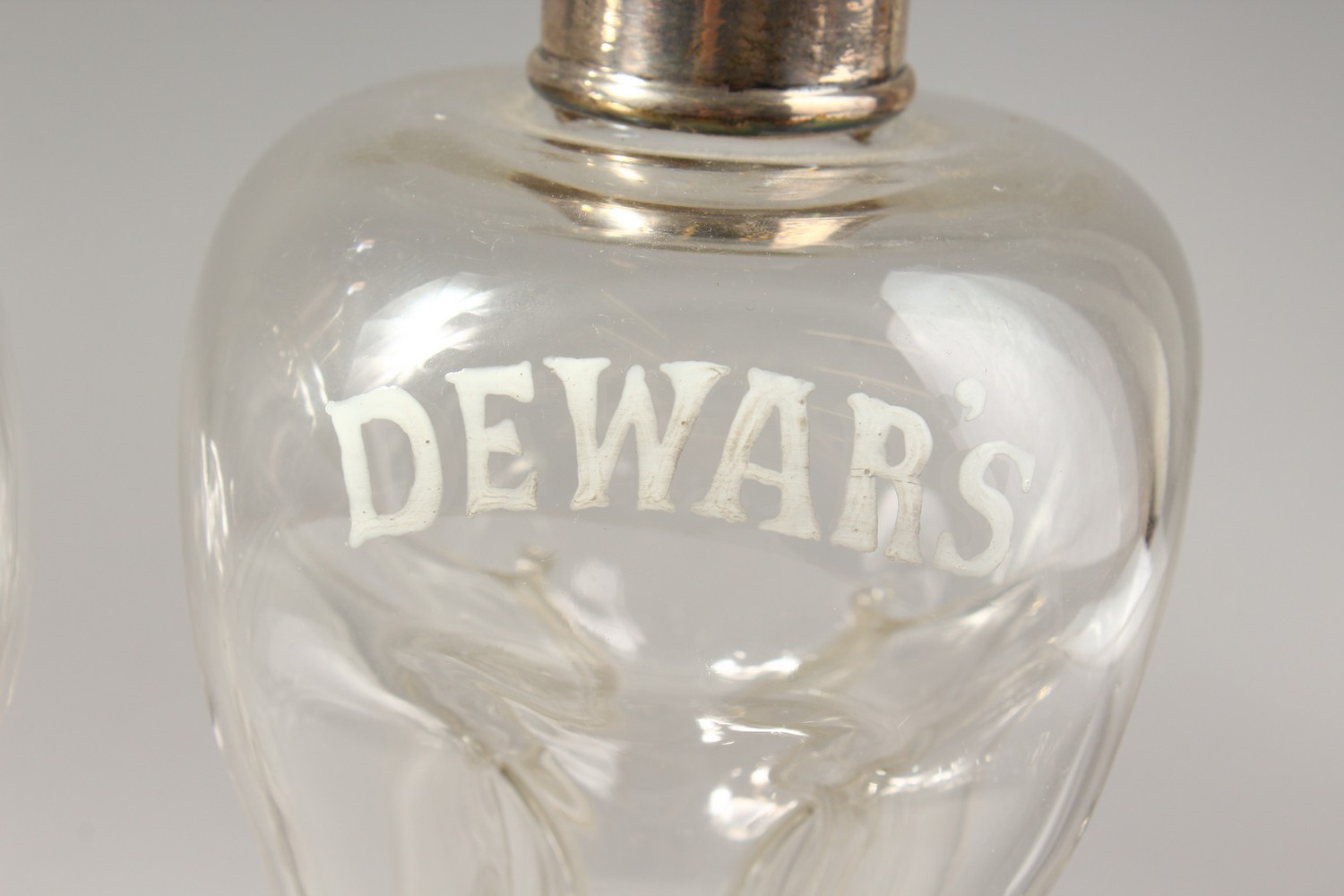 A PAIR OF DEWAR'S WHISKY HOURGLASS DECANTERS, with silver collars, marks rubbed. 10.5ins high. - Image 2 of 9