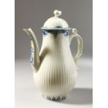 A WORCESTER BLUE AND WHITE COFFEE POT AND COVER, with fine moulded reeding painted with borders on