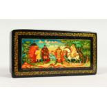 A RUSSIAN BLACK PAPIER MACHE BOX, "Knight and Lady on Horseback", in original cardboard box. 4.