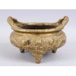 A HEAVY 20TH CENTURY CHINESE BRONZE TRIPOD CENSER, the body with chilongs, the base with a six