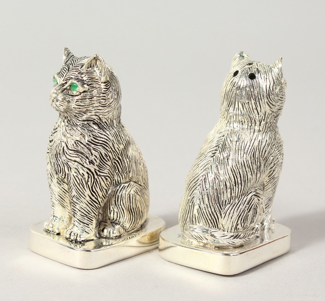 A GOOD PAIR OF HEAVY NOVELTY SILVER PLATE SEATED CAT SALT AND PEPPERS. 2ins high.