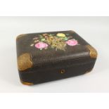 A GOOD VICTORIAN LEATHER SEWING BOX, with engraved brass corners, embossed brass floral mount and