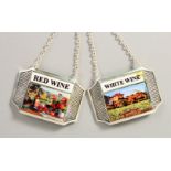 A PAIR OF PLATE AND ENAMEL WINE LABELS, WHITE AND RED WINE.