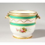 A MINTON CACHE POT, painted with Sevres style flowers under green bands and gilt swags around a
