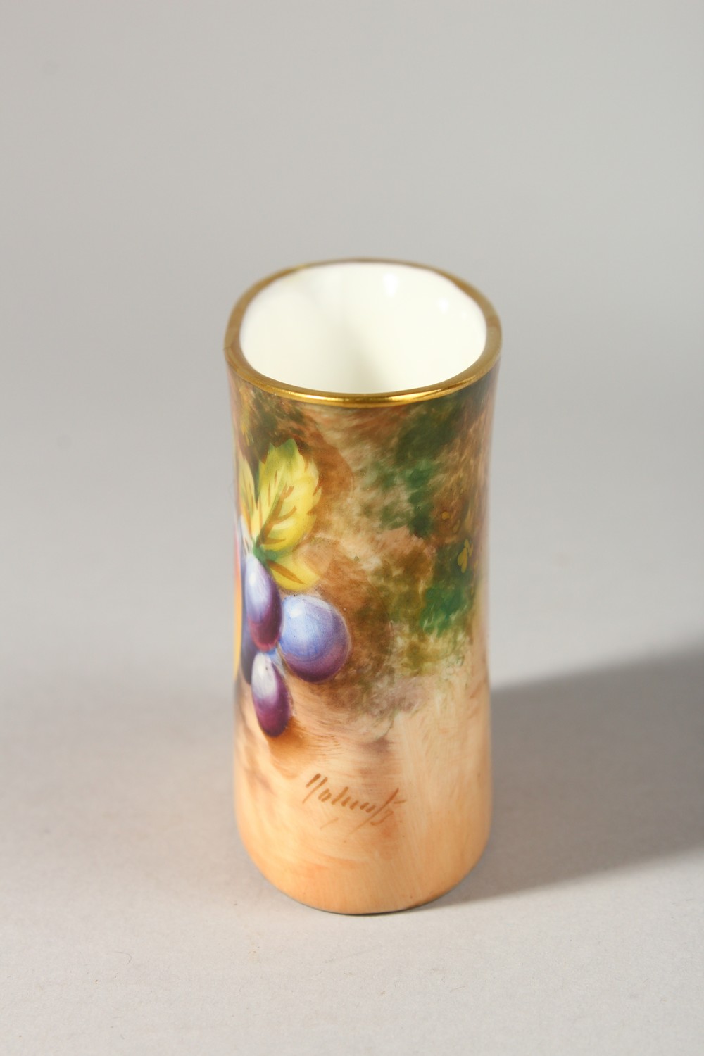 A ROYAL WORCESTER MATCH POT, painted with fruit by Roberts, signed, date code for 1957. - Image 2 of 7
