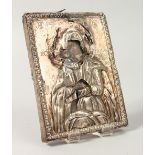A SMALL 18TH CENTURY RUSSIAN ICON, with silver cover. 4.5ins x 3.5ins.
