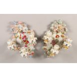 A PAIR OF MEISSEN STYLE THREE BRANCH WALL LIGHTS. 13ins high.