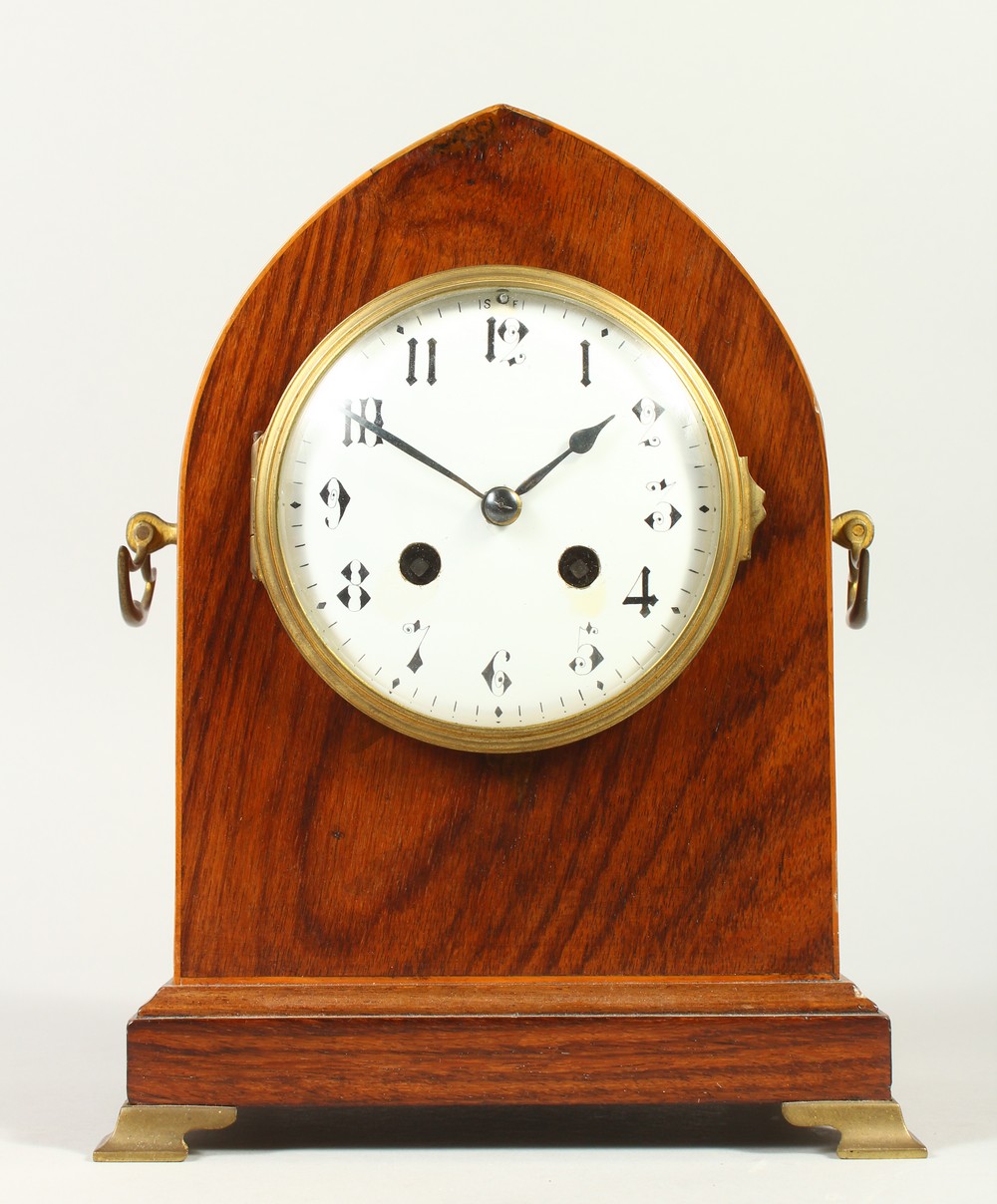 A 19TH CENTURY MAX LANCET TOP ROSEWOOD MANTLE CLOCK, the enamel dial, showing Arabic numerals,